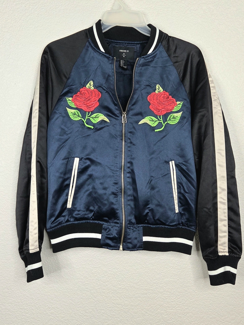 Forever 21 Navy Blue Bomber Jacket Red Rose Embroidery White Stripes on Sleeves